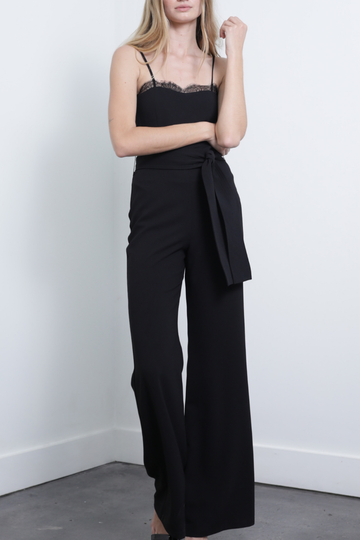 Image of model wearing Karina Grimaldi Francesca jumpsuit in black