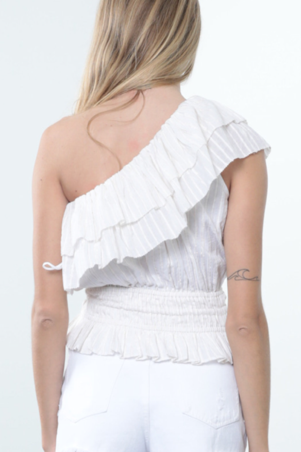 Image of model wearing Karina Grimaldi meli one shoulder top in white