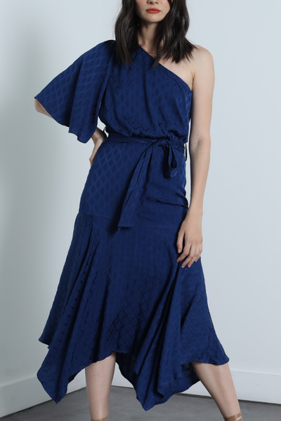 Image of model wearing Karina Grimaldi Rachel dress in electric blue