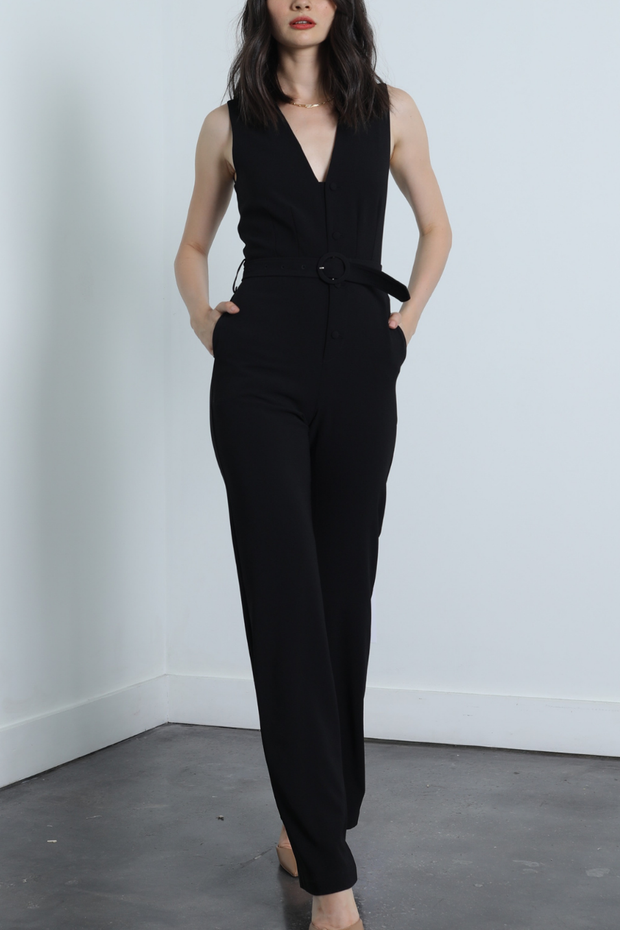 Image of model wearing Karina Grimaldi Vesta jumpsuit in black