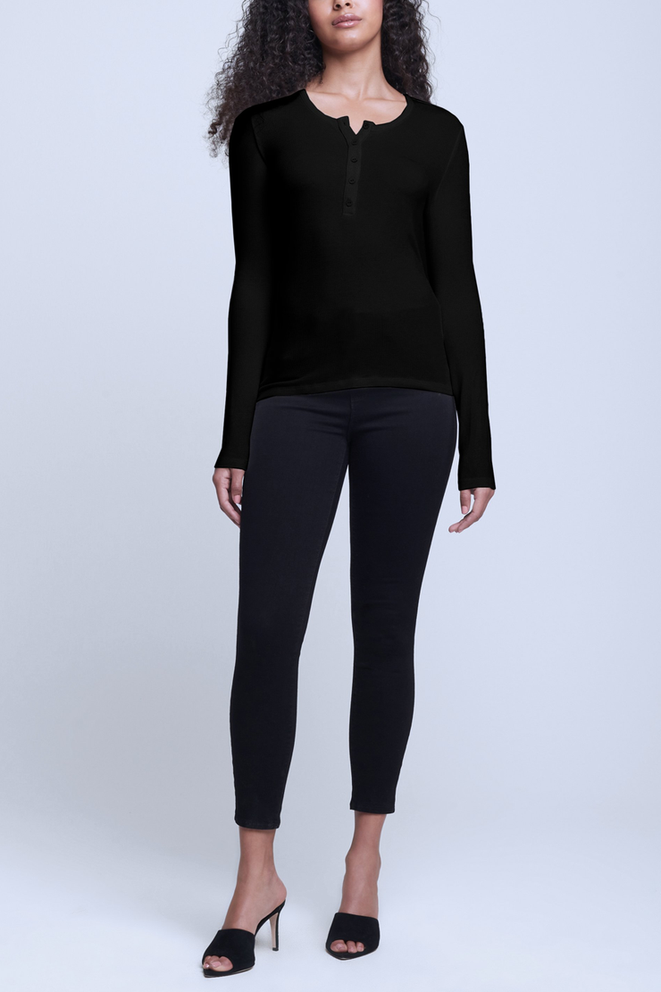 Image of model wearing L'agence Faith henley in black
