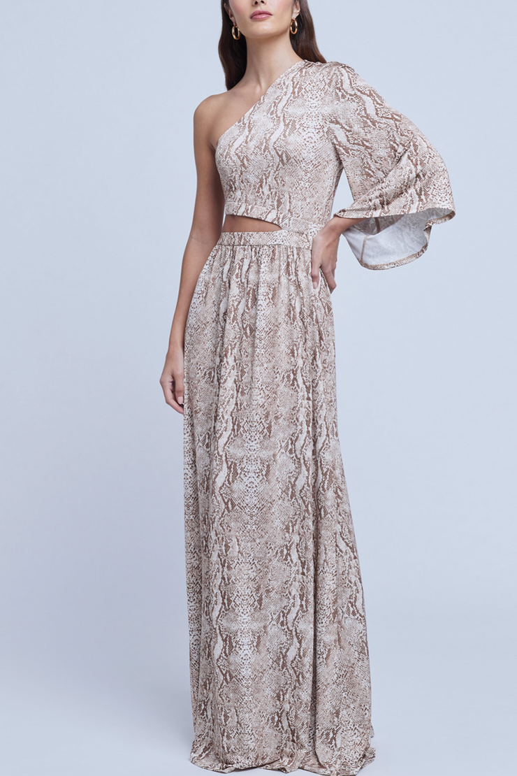 Image of model wearing  L'agence Fontana dress in neutral print cobra