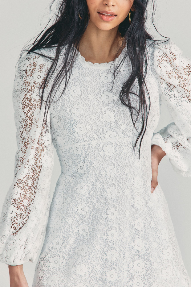 Image of model wearing LoveShackFancy Leira dress in true white