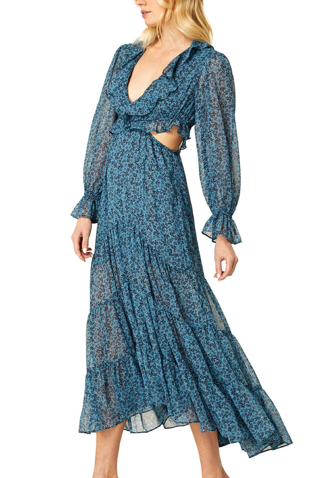 Image of model wearing Misa Amelia dress in cerulean blue