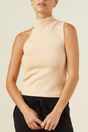 Image of model wearing Monrow supersoft sweater knit asymmetric mock neck tank in vanilla