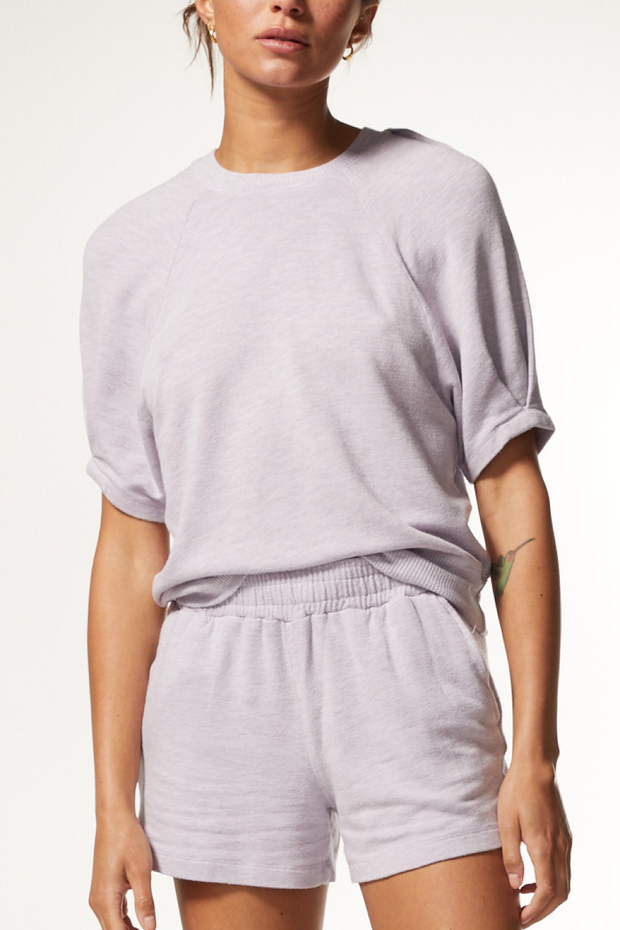 Image of model wearing Monrow Ex boyfriend supersoft shorts in light lavender
