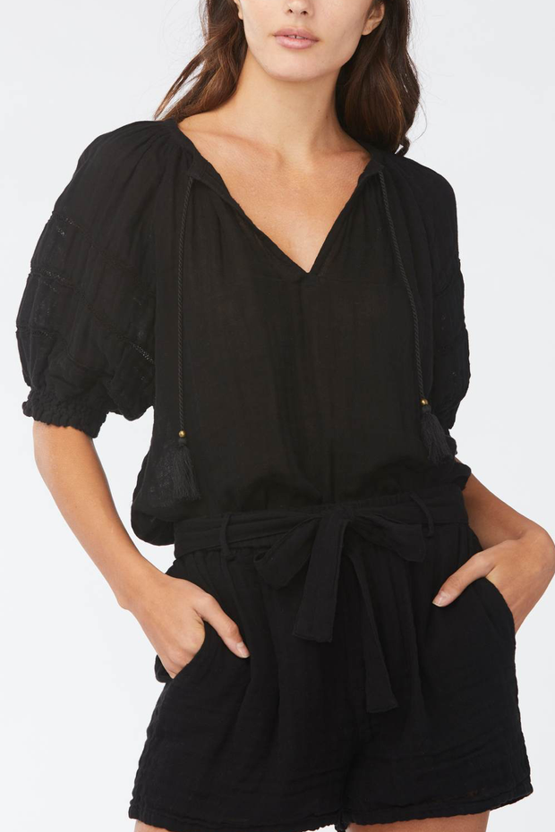 Image of model wearing Sundays Colette black top