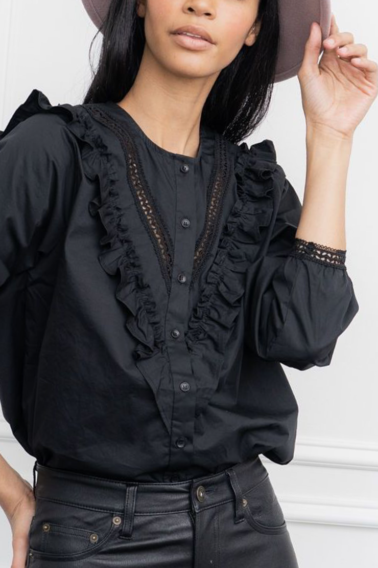 Image of model wearing The Shirt Lindsay shirt in black