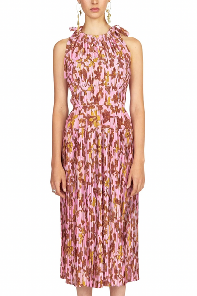 Image of model wearing Ulla Johnson Amalthea dress in pink hibiscus