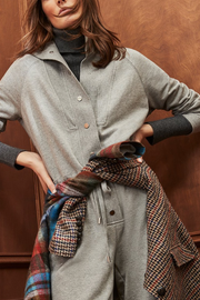 Image of model wearing Veronica Beard Finn jumpsuit in grey