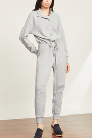 Image of model wearing Veronica Beard Finn jumpsuit in grey