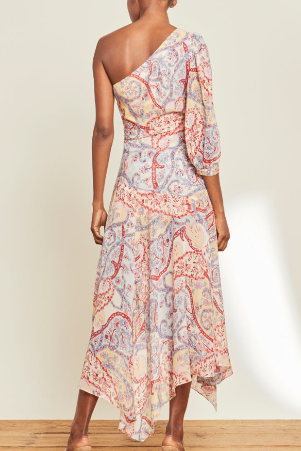 Image of model wearing Veronica Beard Kimber dress in a paisley print