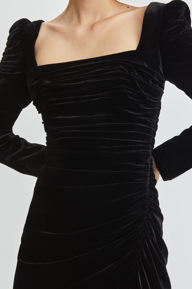 Image of model wearing Veronica Beard Toki velvet dress in black